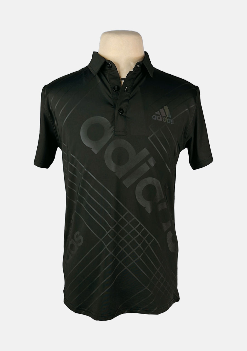 Stylites Adidas Button Polo Shirt with Semi Reflecting Dark Purple-Green Chrome Adidas (3-Stripes) Logo Print on Left Chest