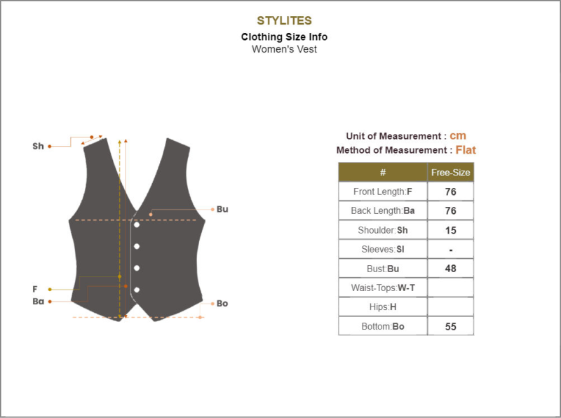 Stylites Vest Dress with Two Breast Pockets and included Cloth Belt Size Chart